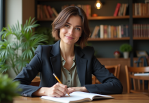 Terme neutre pour ‘joli’ : comment choisir la bonne expression en français moderne ? Femme assise au café écrivant dans un carnet à Paris