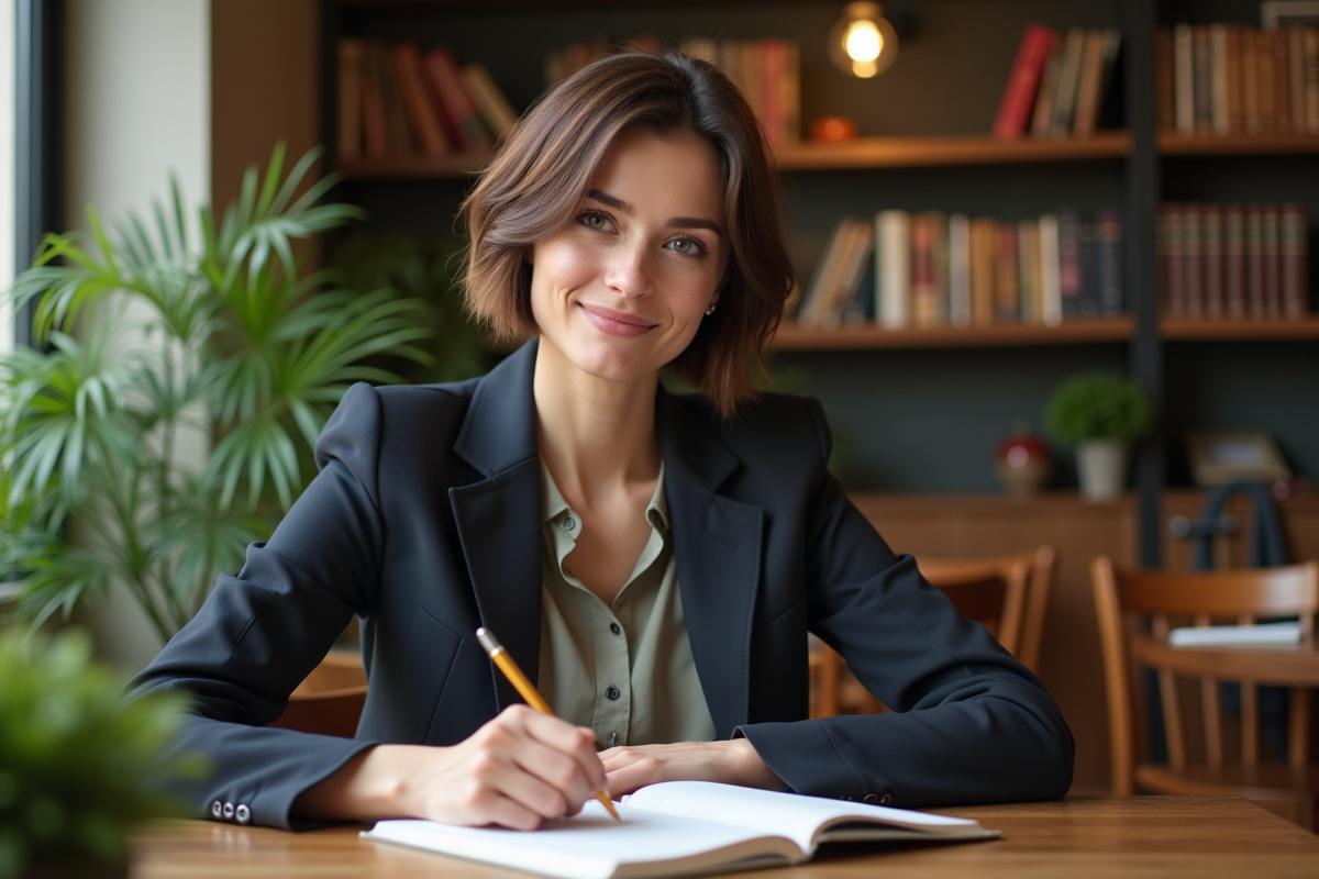 Femme assise au café écrivant dans un carnet à Paris