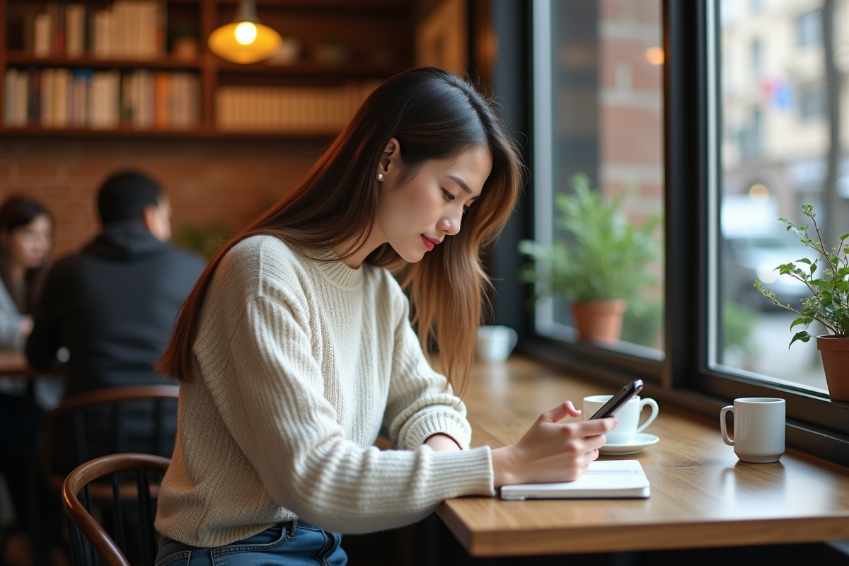 Jeune femme prenant des notes au café avec son smartphone