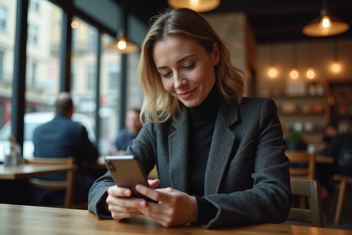 Femme dans un café vérifiant son VPN sur smartphone
