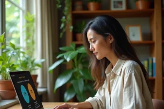 Femme consultant un outil de fuseau horaire pour la Guyane française sur son ordinateur portable dans un bureau tropical