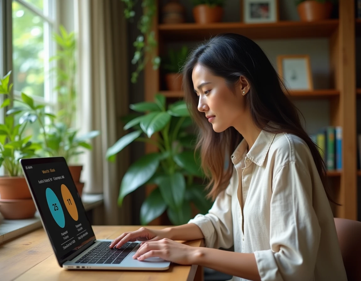 Femme consultant un outil de fuseau horaire pour la Guyane française sur son ordinateur portable dans un bureau tropical