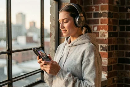 Jeune femme écoutant la radio rock en streaming sur smartphone avec un casque sans fil, devant une fenêtre industrielle urbaine
