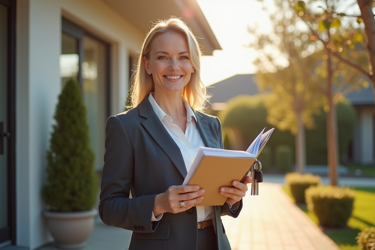 Femme professionnelle souriante devant une maison avec brochures