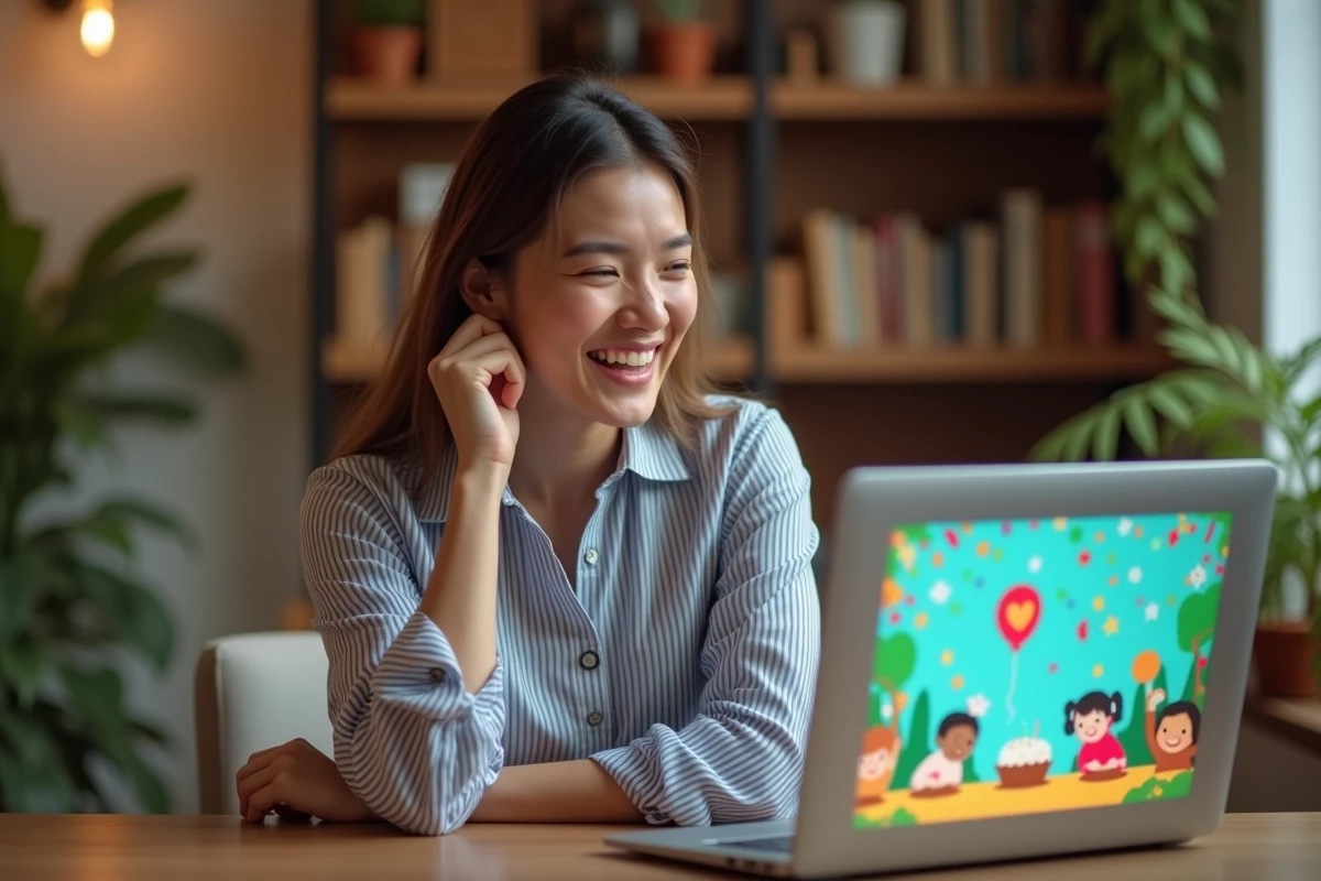 Femme riant devant un GIF d'anniversaire rigolo sur son ordinateur portable dans un bureau à domicile