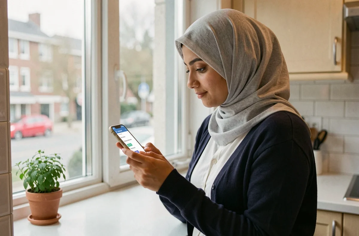 Jeune femme portant un hijab vérifiant les horaires de prière sur une application mobile dans un appartement d'Argenteuil