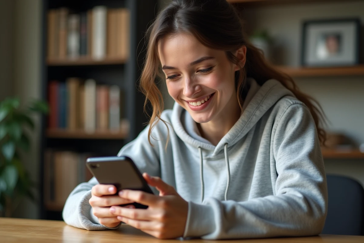 Jeune femme jouant à Monopoly GO sur smartphone avec une expression satisfaite dans un bureau à domicile cosy