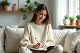 Femme écrivant dans un journal intime sur un canapé en lin dans un salon scandinave, pratique de pensée positive
