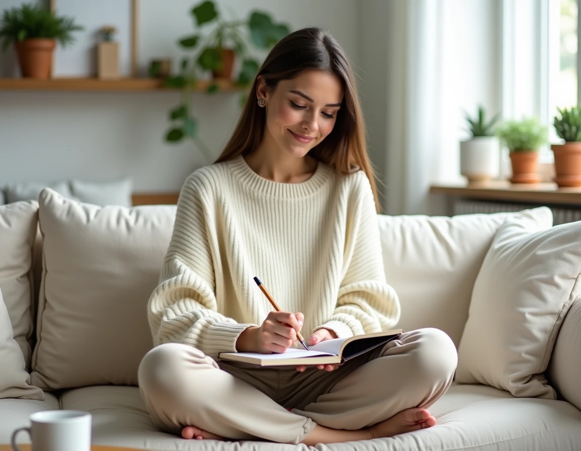 Femme écrivant dans un journal intime sur un canapé en lin dans un salon scandinave, pratique de pensée positive