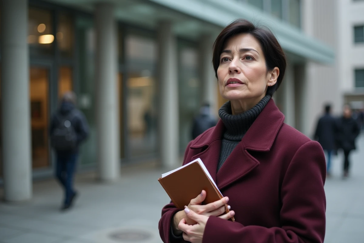 Journaliste devant un bâtiment médiatique moderne, carnet en main, illustrant parcours professionnel et engagement journalistique