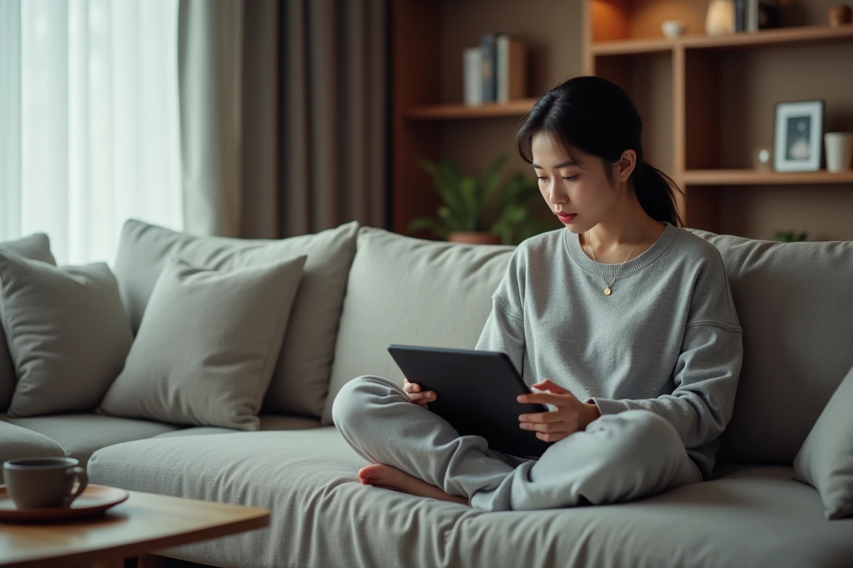 Femme lisant un manhua en ligne sur tablette confortablement installée dans son salon moderne