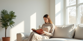 Décoration épurée : définition, astuces et inspirations pour un intérieur minimaliste Jeune femme lisant dans un salon nordique lumineux