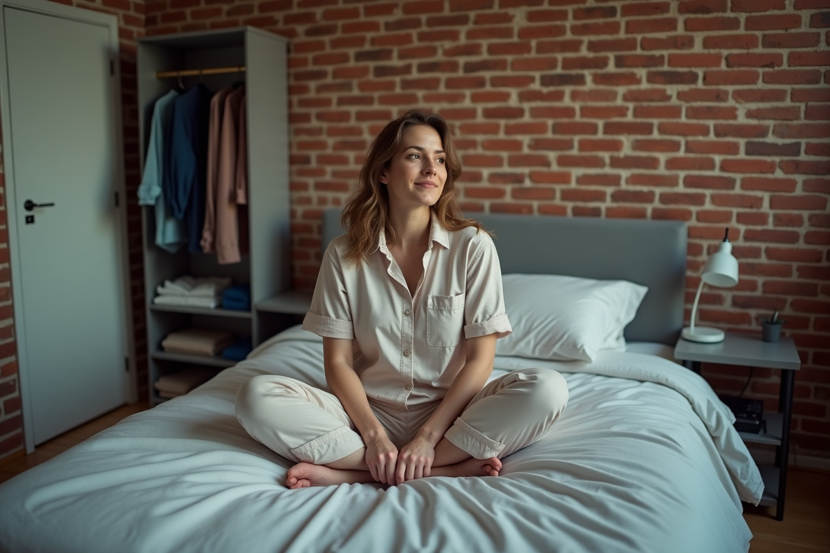 Femme détendue dans une chambre urbaine minimaliste