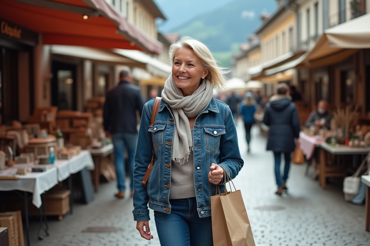 Femme souriante en denim dans un vide grenier en Savoie