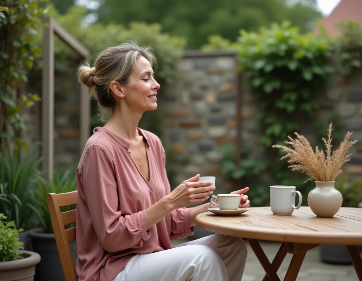 Femme méditant avec une tasse de thé sur une terrasse entourée de verdure, approche douce pour pensées positives