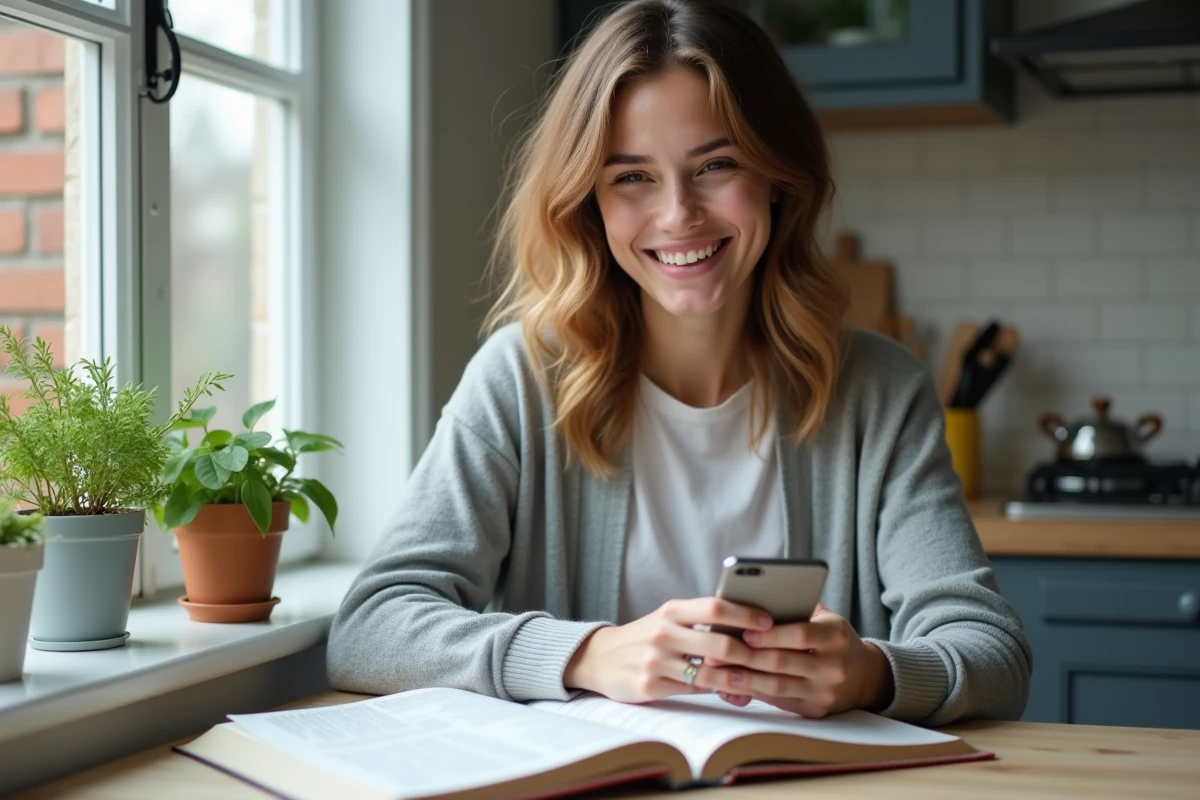 Jeune femme souriante utilisant son smartphone le matin