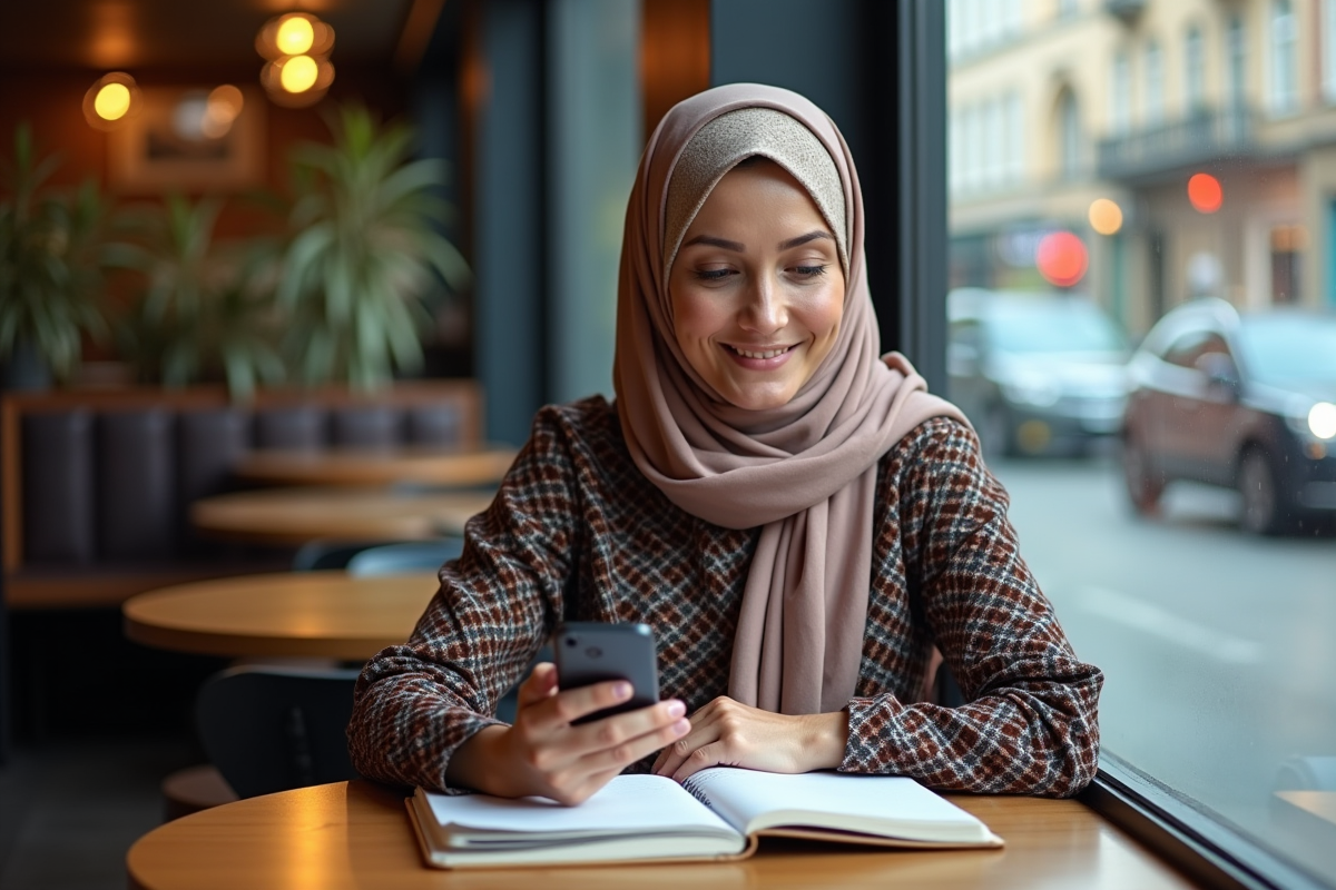 Femme musulmane assise au café avec smartphone