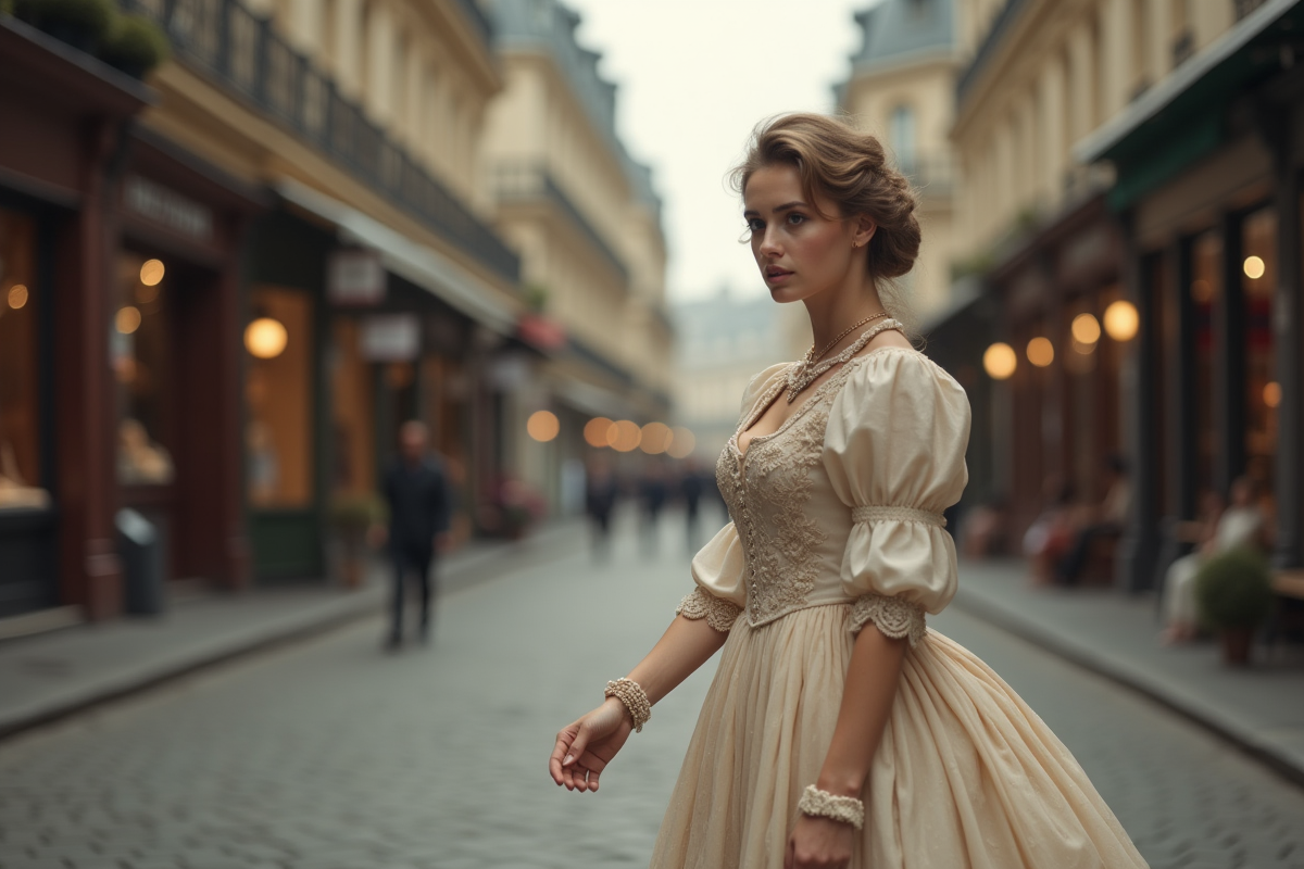 Jeune femme en robe du 19e siècle dans une rue parisienne