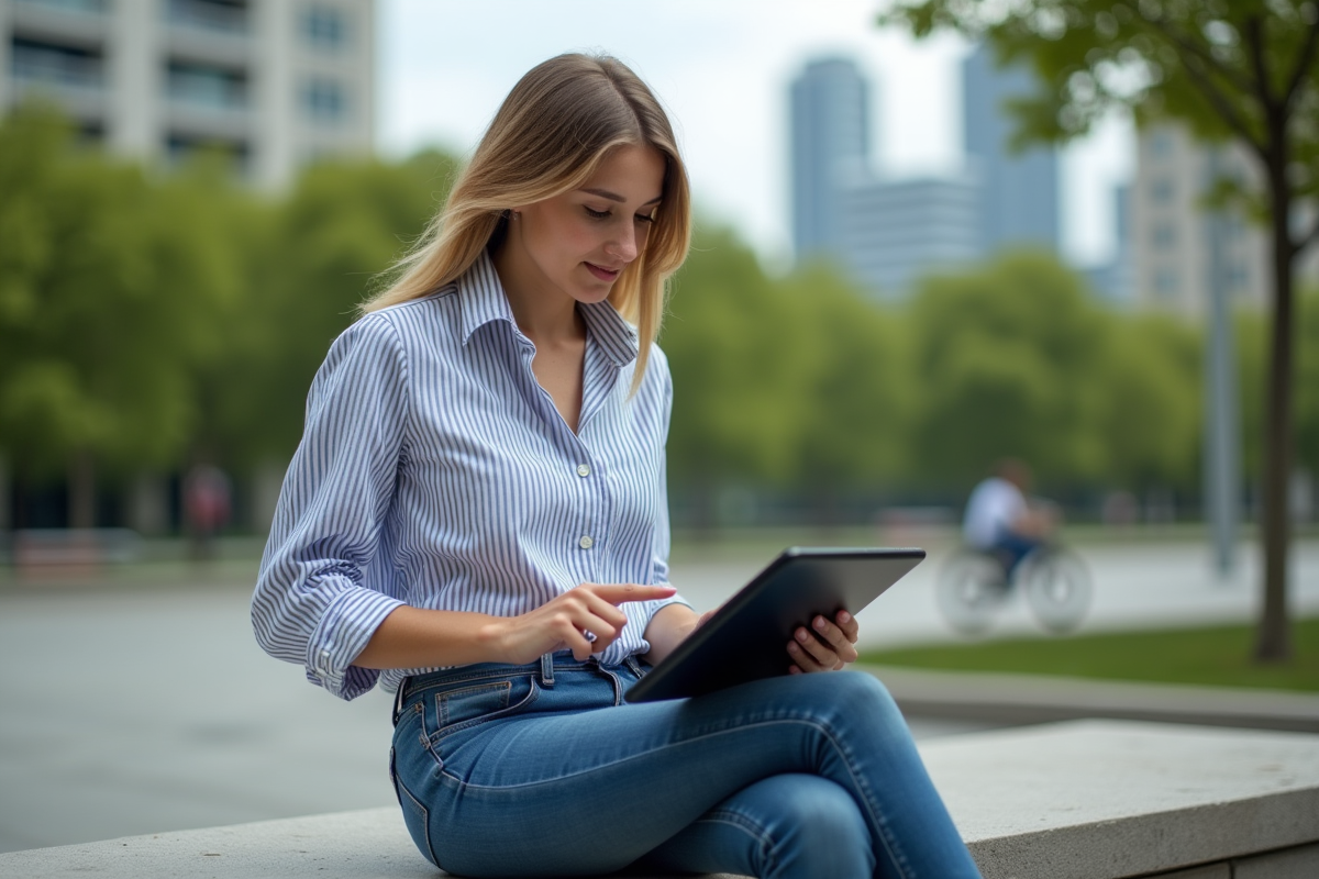 Femme comparant plusieurs tablettes dans un parc urbain