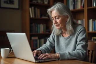 Femme d'une cinquantaine d'années consultant une plateforme mémorielle en ligne sur un ordinateur portable dans un bureau chaleureux et personnel