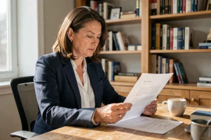 Femme rédigeant une lettre de résiliation à son bureau à domicile