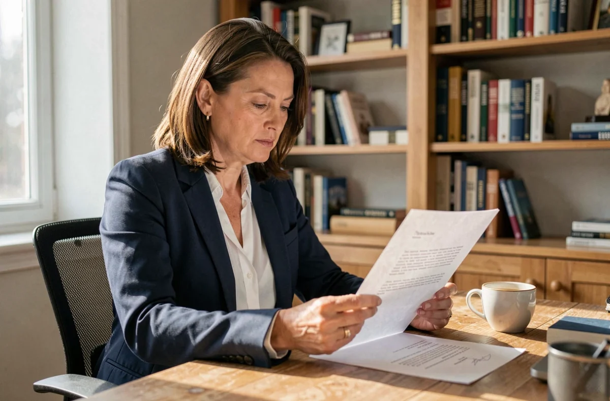Femme rédigeant une lettre de résiliation à son bureau à domicile