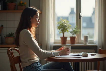 Jeune femme pensive dans un appartement moderne