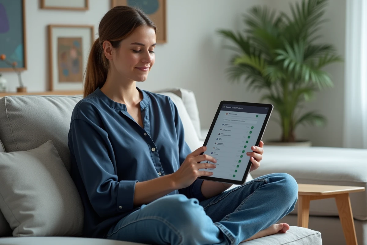 Femme configurant les paramètres de confidentialité de son compte sur une tablette dans un salon moderne