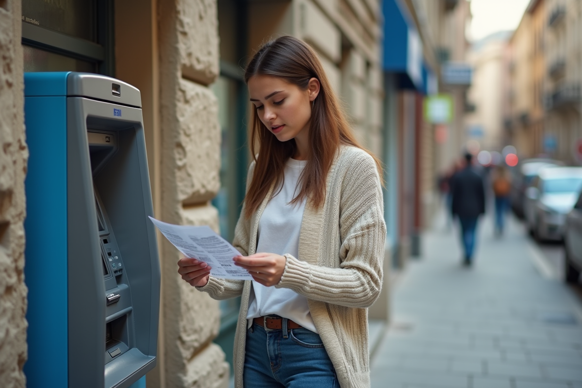 Jeune femme vérifie son reçu de retrait devant un distributeur en ville