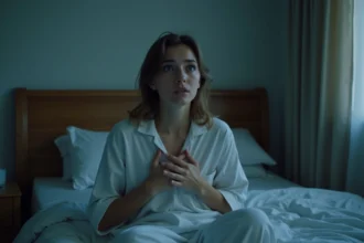 Femme réveillée en sursaut dans son lit après un mauvais rêve, visage troublé, symbolisant l'angoisse nocturne