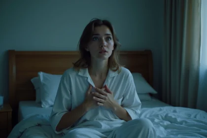 Femme réveillée en sursaut dans son lit après un mauvais rêve, visage troublé, symbolisant l'angoisse nocturne