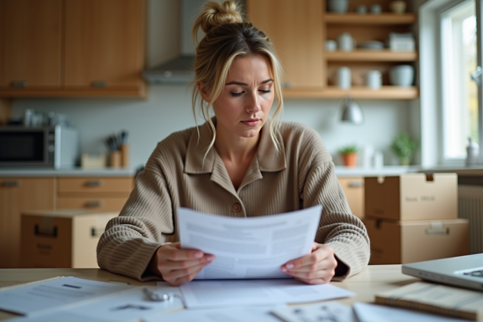femme-revue-papiers-immobilier Femme examinant des documents immobiliers à la maison
