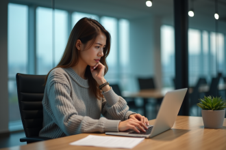Femme en bureau regardant un document de politique de confidentialité