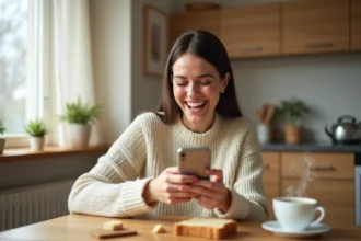 Femme qui rit en envoyant un message drôle bonne journée sur son smartphone dans une cuisine chaleureuse