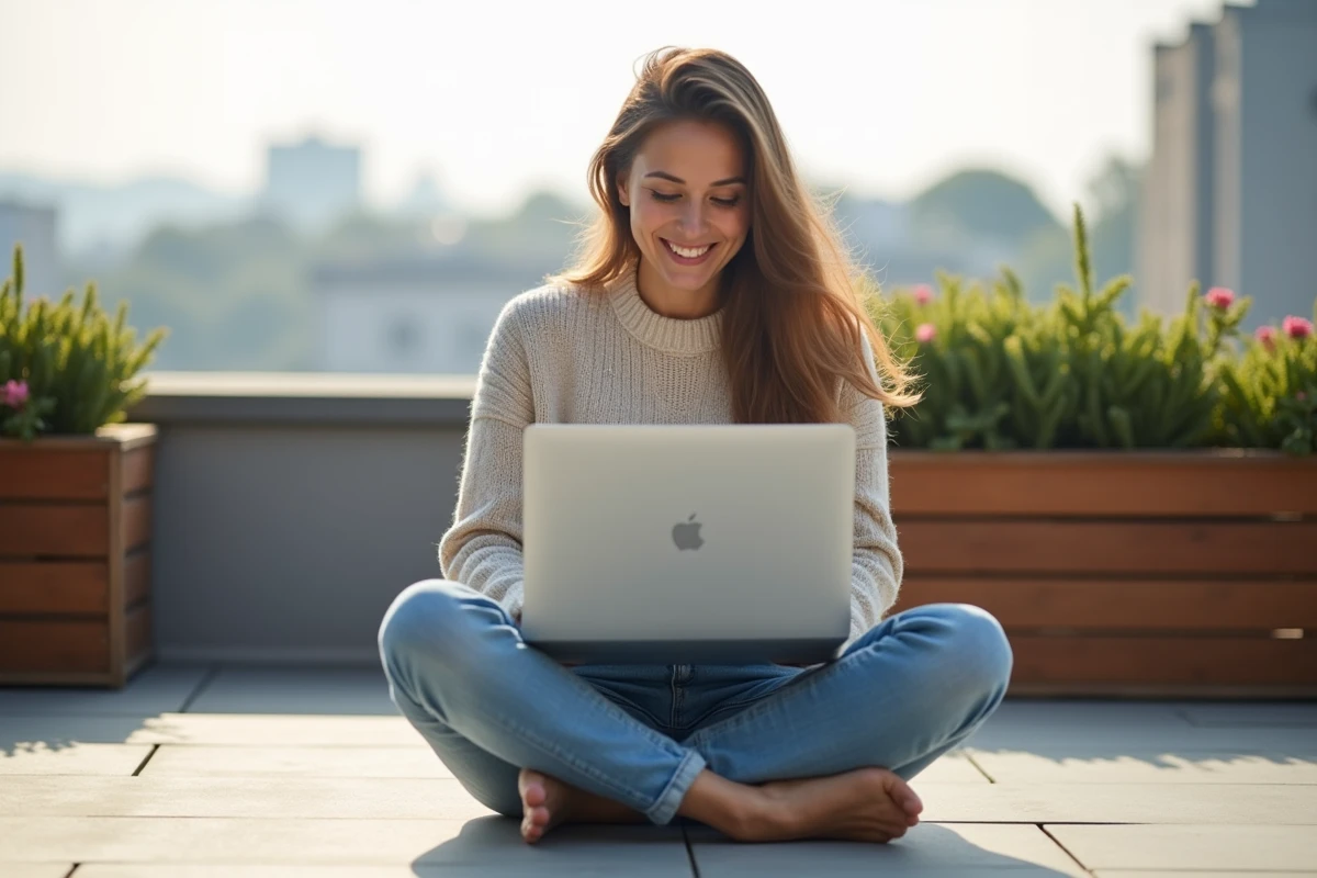 Femme assise sur un toit urbain avec son ordinateur portable