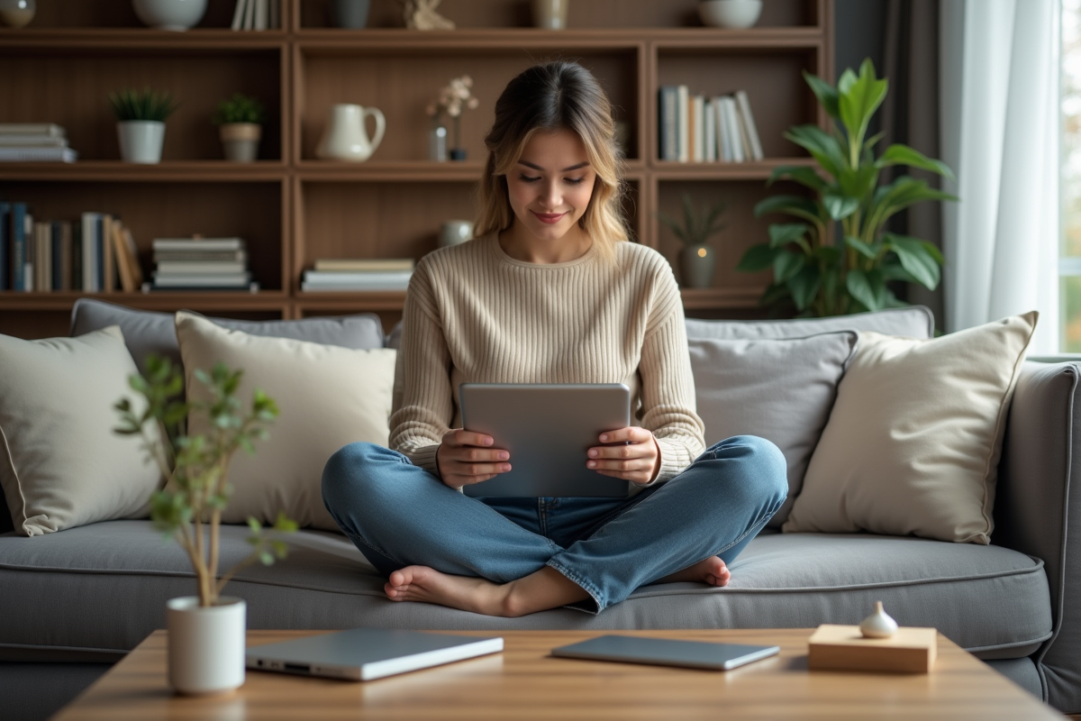 Femme assise sur un canapé comparant deux tablettes Windows à la maison
