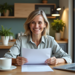 Conditions pour ne pas payer de plus-value : tout ce qu’il faut savoir ! Femme souriante vérifiant des papiers dans la cuisine
