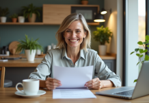 Conditions pour ne pas payer de plus-value : tout ce qu’il faut savoir ! Femme souriante vérifiant des papiers dans la cuisine