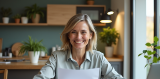 Conditions pour ne pas payer de plus-value : tout ce qu’il faut savoir ! Femme souriante vérifiant des papiers dans la cuisine