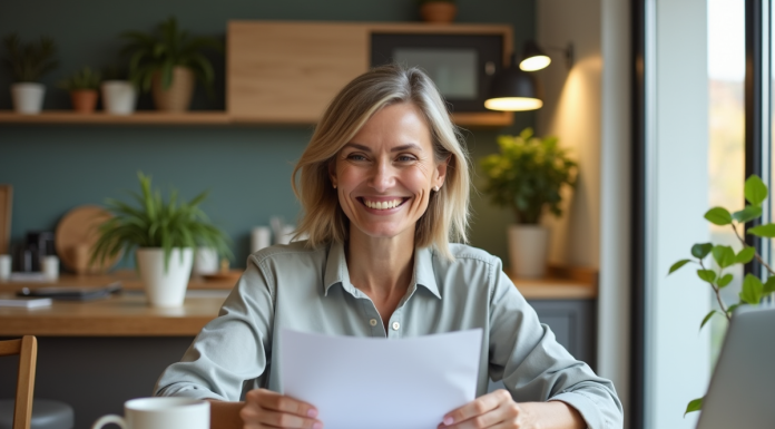 Femme souriante vérifiant des papiers dans la cuisine