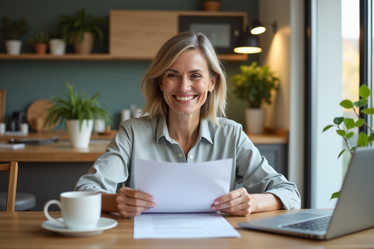 Femme souriante vérifiant des papiers dans la cuisine