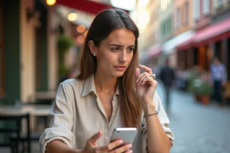 Femme utilisant son smartphone à une terrasse de café à l'étranger pour contacter le service client Sosh