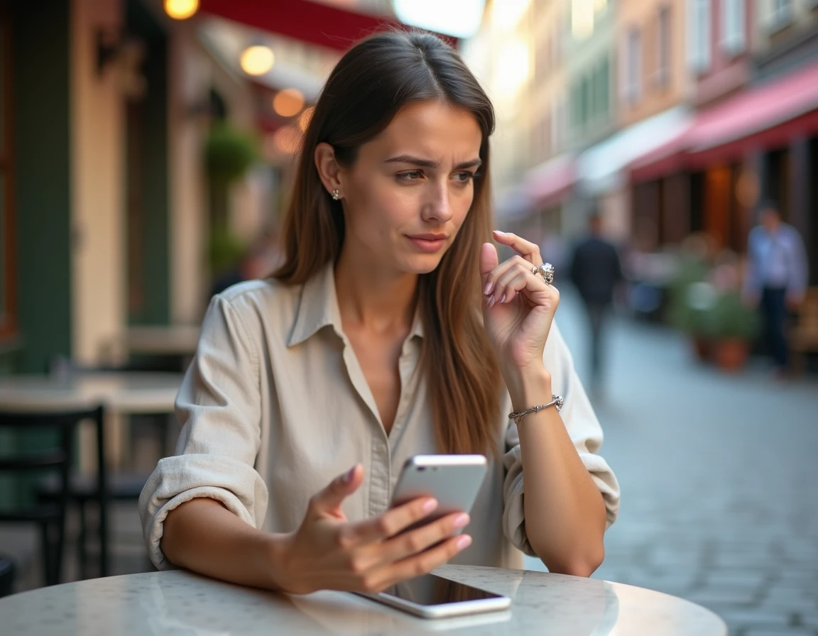 Femme utilisant son smartphone à une terrasse de café à l'étranger pour contacter le service client Sosh