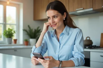 Femme en cuisine regardant son smartphone avec souci