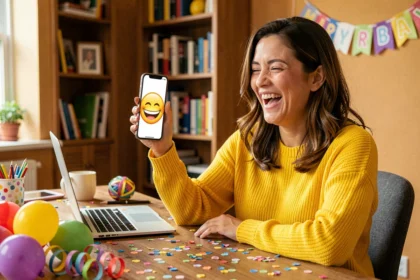 Femme souriante tenant un smartphone avec un smiley d'anniversaire rigolo entourée de décorations festives colorées