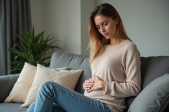 Femme assise sur un canapé avec expression pensive et malaise