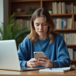 Jeune femme stressée regardant son téléphone dans un bureau cosy