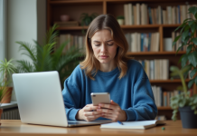 Jeune femme stressée regardant son téléphone dans un bureau cosy