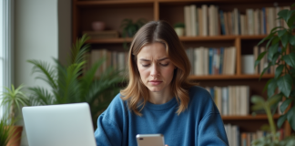 Jeune femme stressée regardant son téléphone dans un bureau cosy