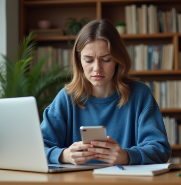 Jeune femme stressée regardant son téléphone dans un bureau cosy